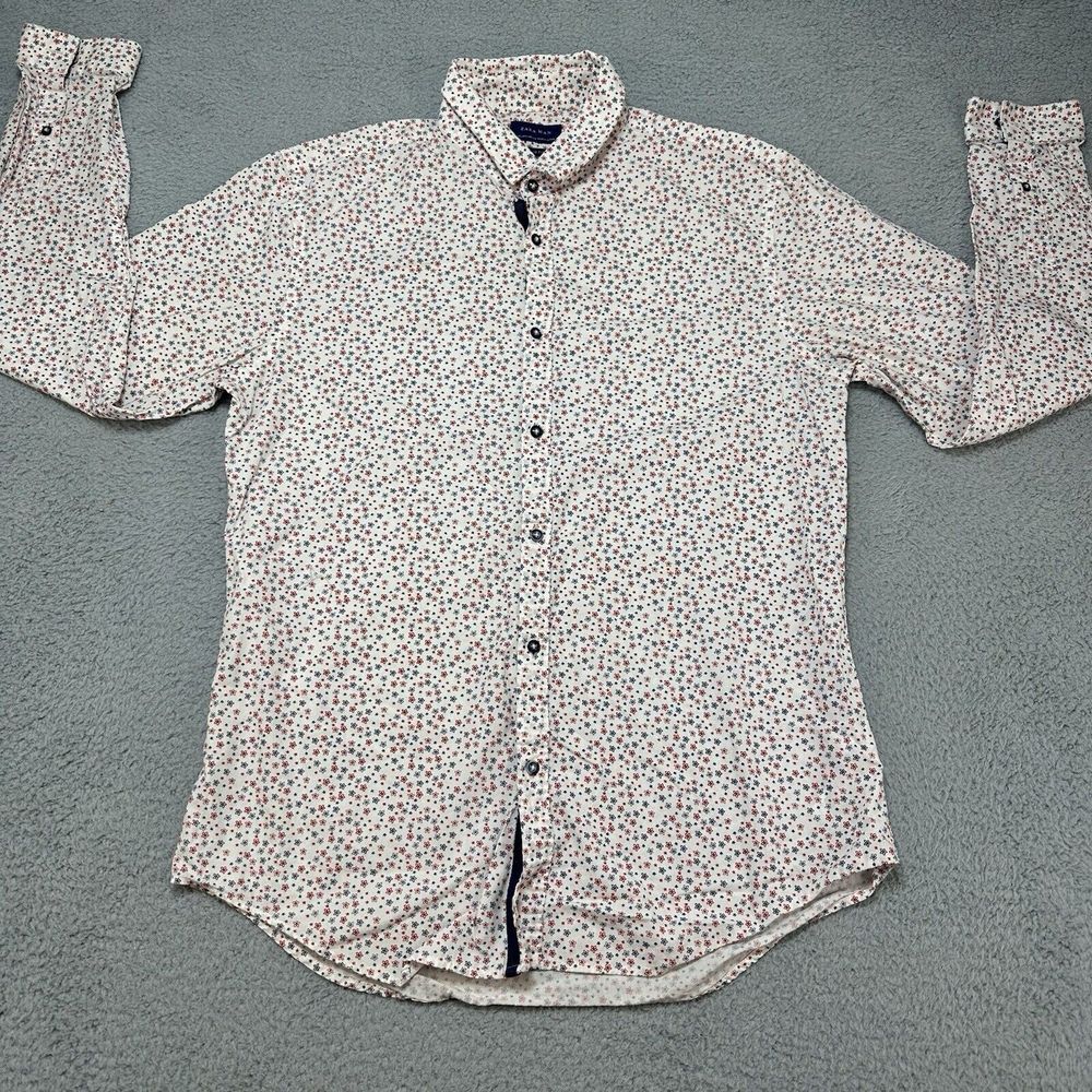 Zara Man Shirt Mens Large Slim‎ Fit Blue White Red Button Up All Over Print Prep